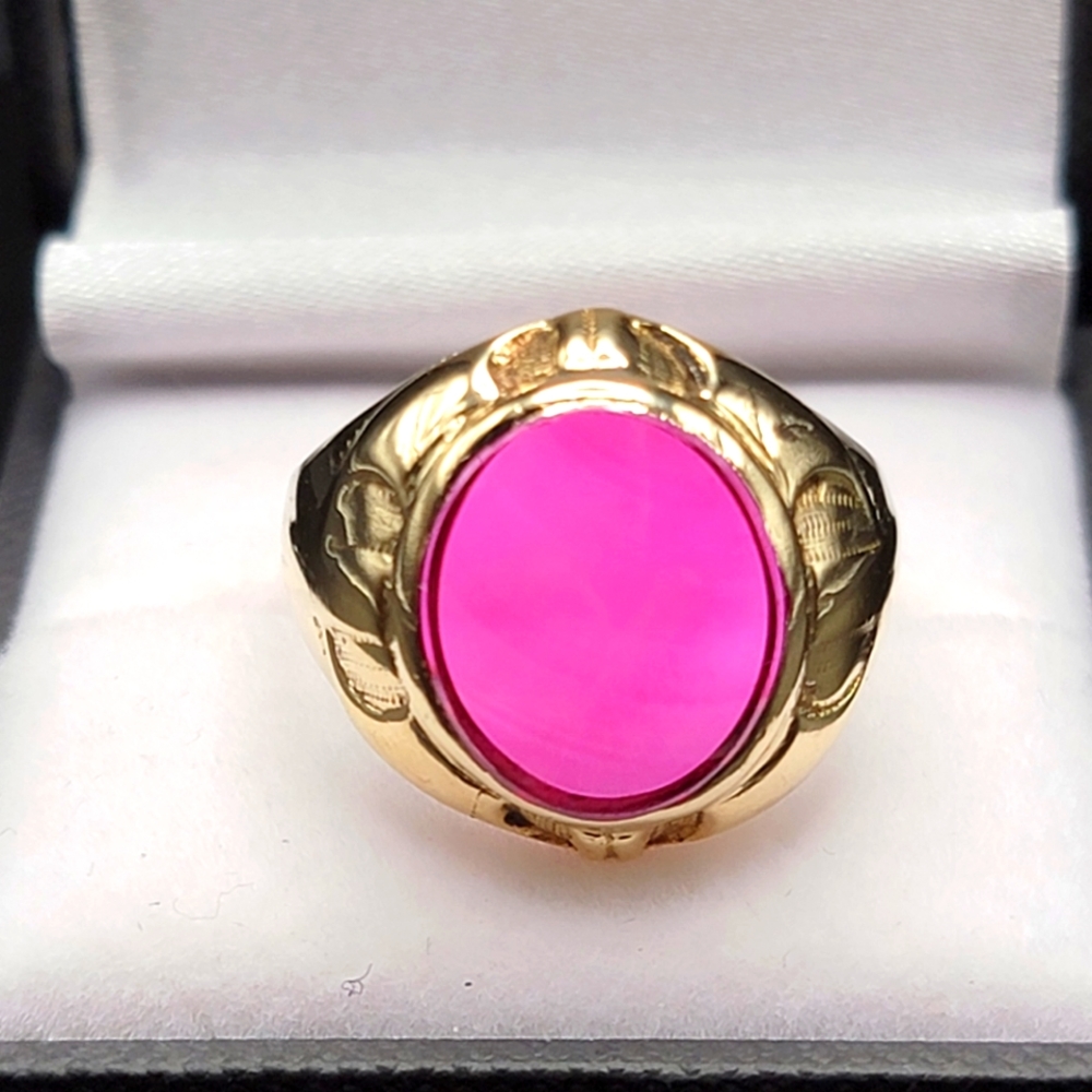10k Yellow Solid Gold Antique Men's Size 9 Ring Oval Big Ruby Gemstone Estate